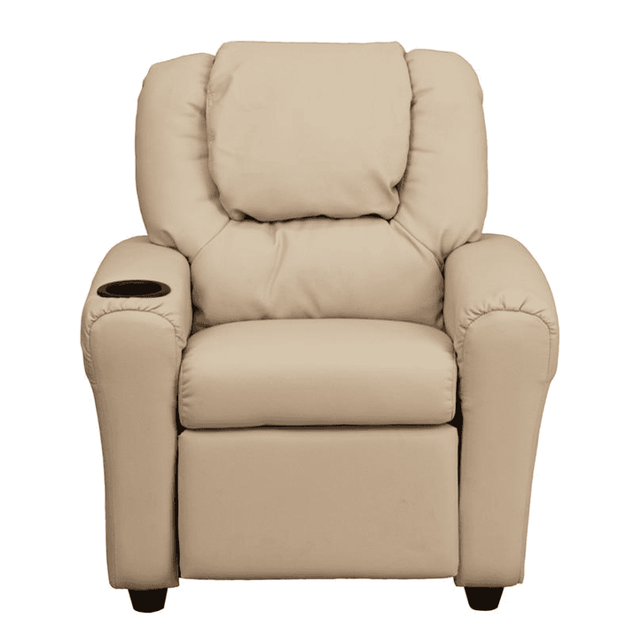 Contemporary Beige Vinyl Kids Recliner with Cup Holder and Headrest - The Little Big Store