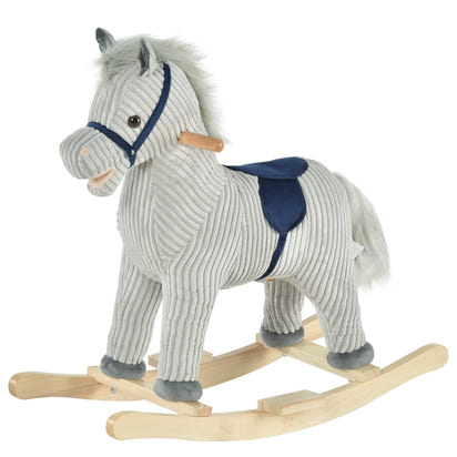 Qaba Kids Rocking Horse for Toddler 3-5, Plush Ride on Horse Wooden Rocker with Realistic Sounds, Gray - The Little Big Store
