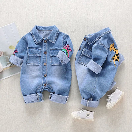 Newborn Denim Romper with Cartoon Design - The Little Big Store