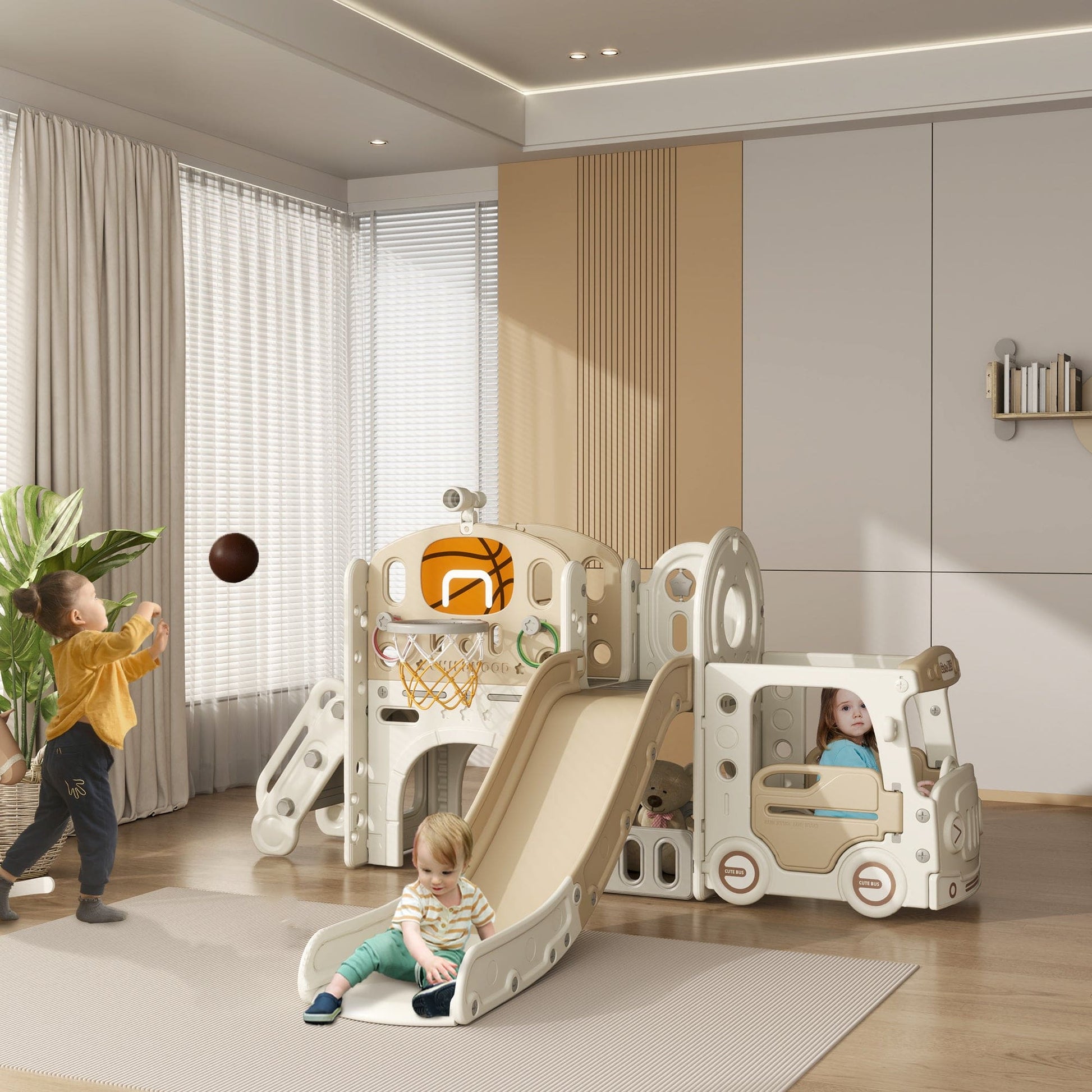 Qaba 9 in 1 Toddler Slide, Indoor Slide for Kids Ages 1-6, Car Themed Baby Slide with Basketball Hoop, Climber, Storage Space, Ring Toss, Telescope, Tunnel, Cream White - The Little Big Store