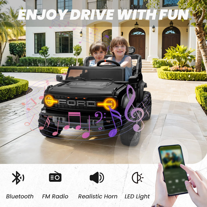 24V 2 Seater Ride on Cars, Licensed Ford Bronco Raptor Powered Ride on Toys Truck with Remote Control, 4 Wheels Spring Suspension, Bluetooth, LED Light, Electric Cars for Kids Ages 3-8 Gifts, Black