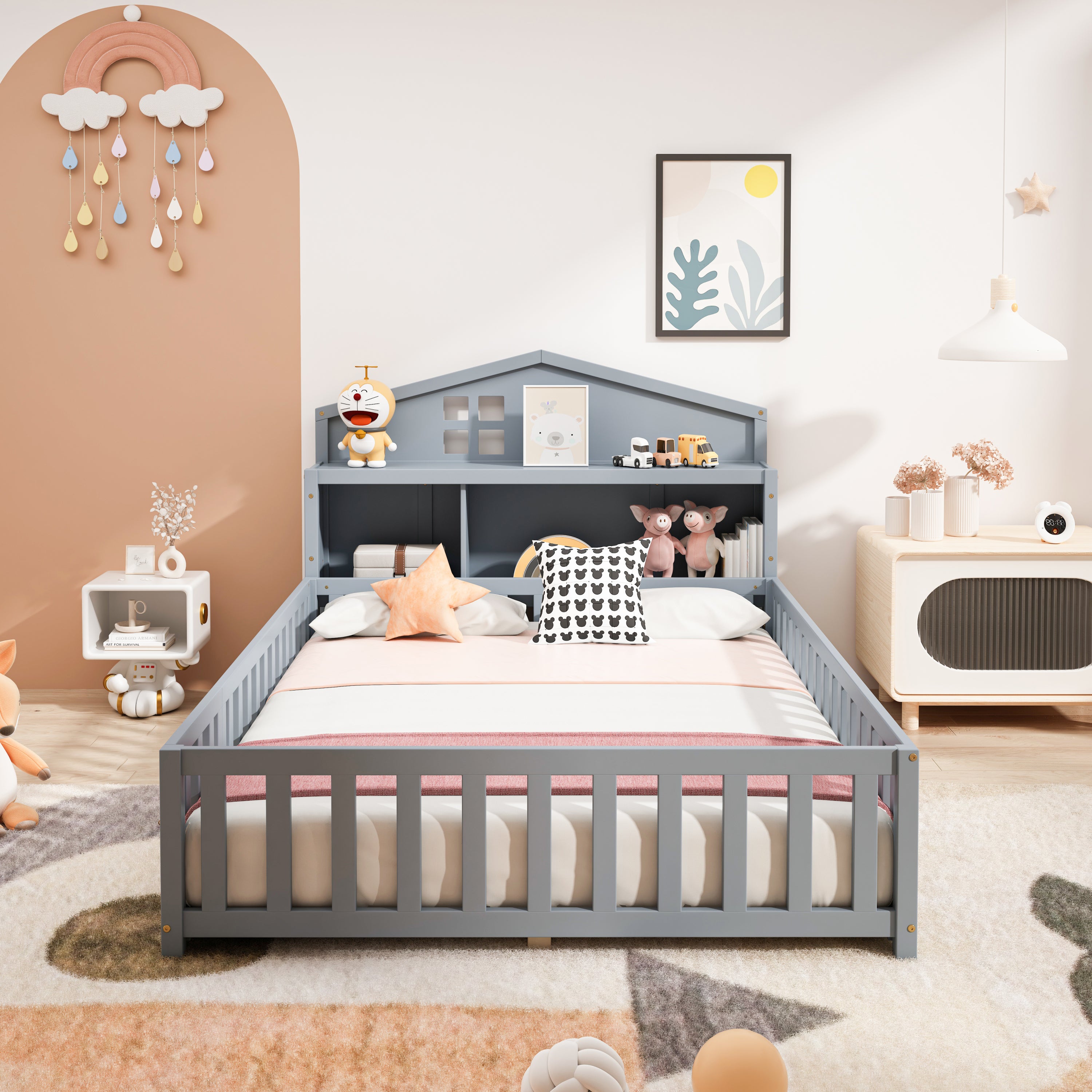 Full-size Montessori Floor Bed with Bookcases and Blackboards, Versatile Platform Beds with Guard rails, Solid Wood Floor Beds with Storage Headboards, Floor Beds for Kids and Teens Grey