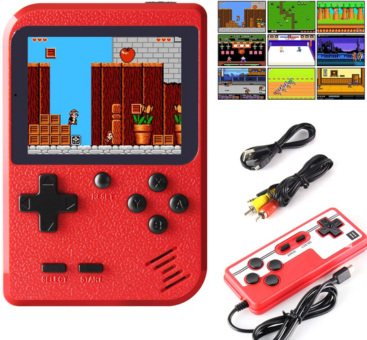 Red handheld gaming console with screen displaying a game, additional controllers, and cables on a white background.