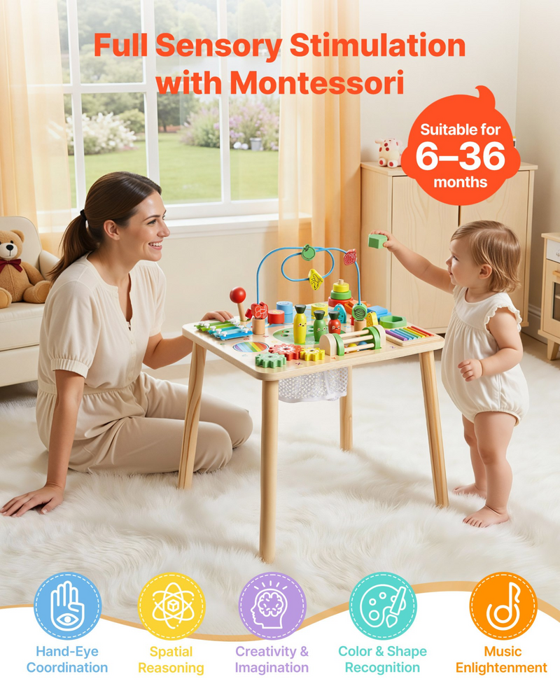 Montessori Activity Table for Toddlers – 13-in-1 Wooden Sensory Learning Center