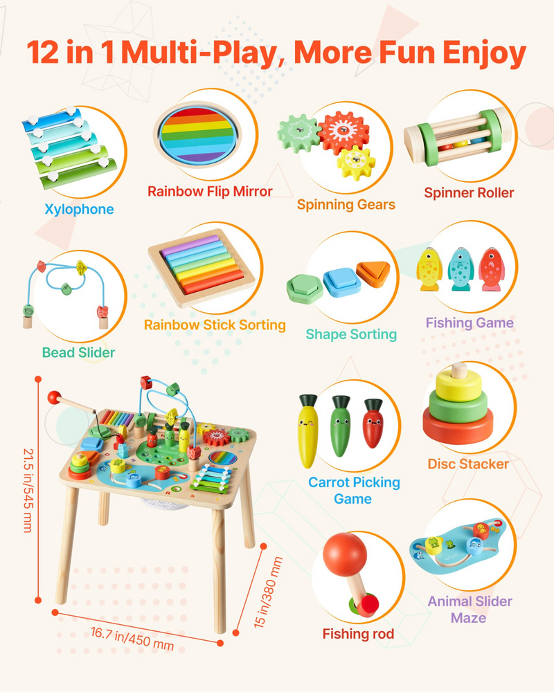 Montessori Activity Table for Toddlers – 13-in-1 Wooden Sensory Learning Center