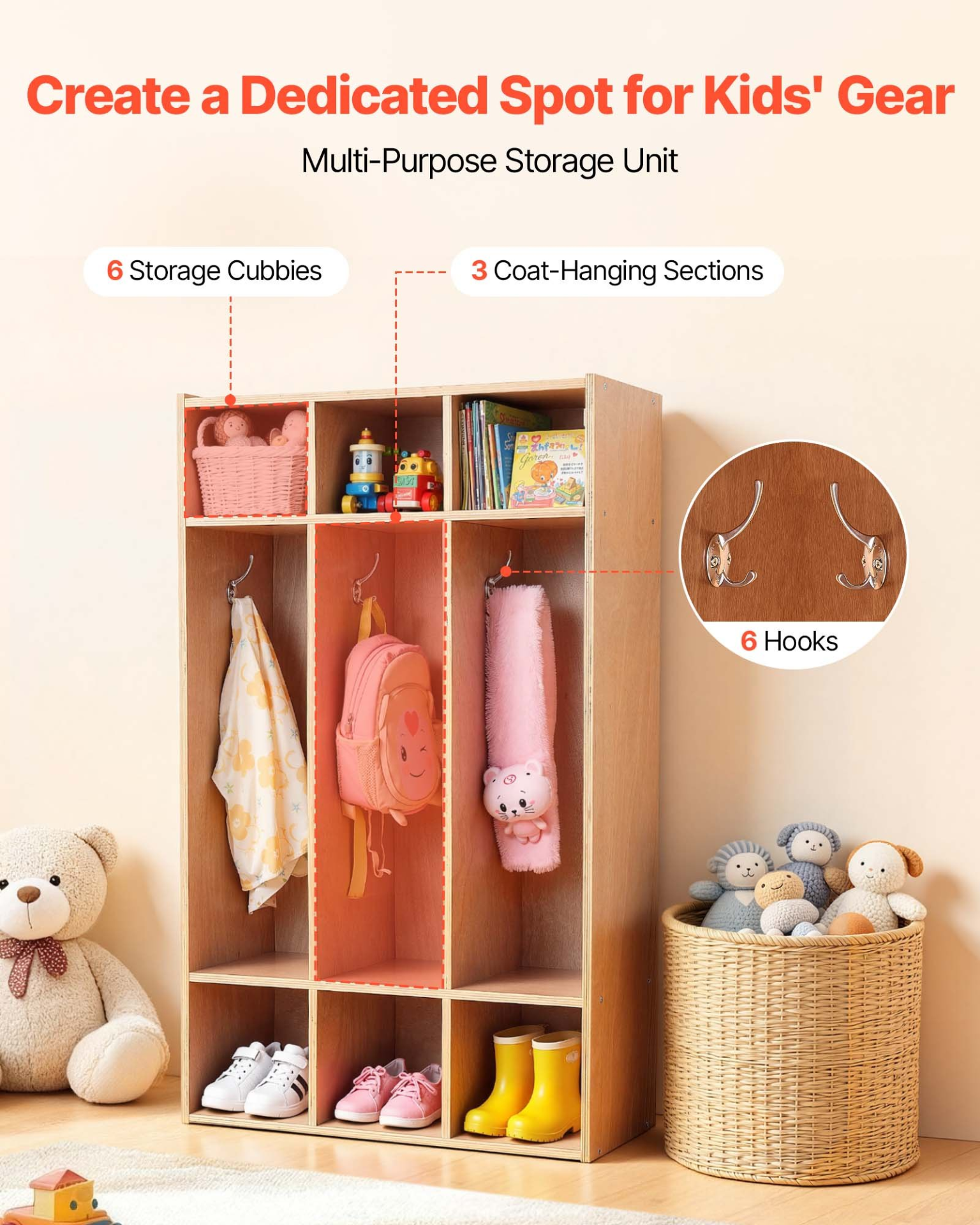 Kids 3-Section Coat Locker with Cubbies – Wooden Toddler Storage Organizer (Natural)