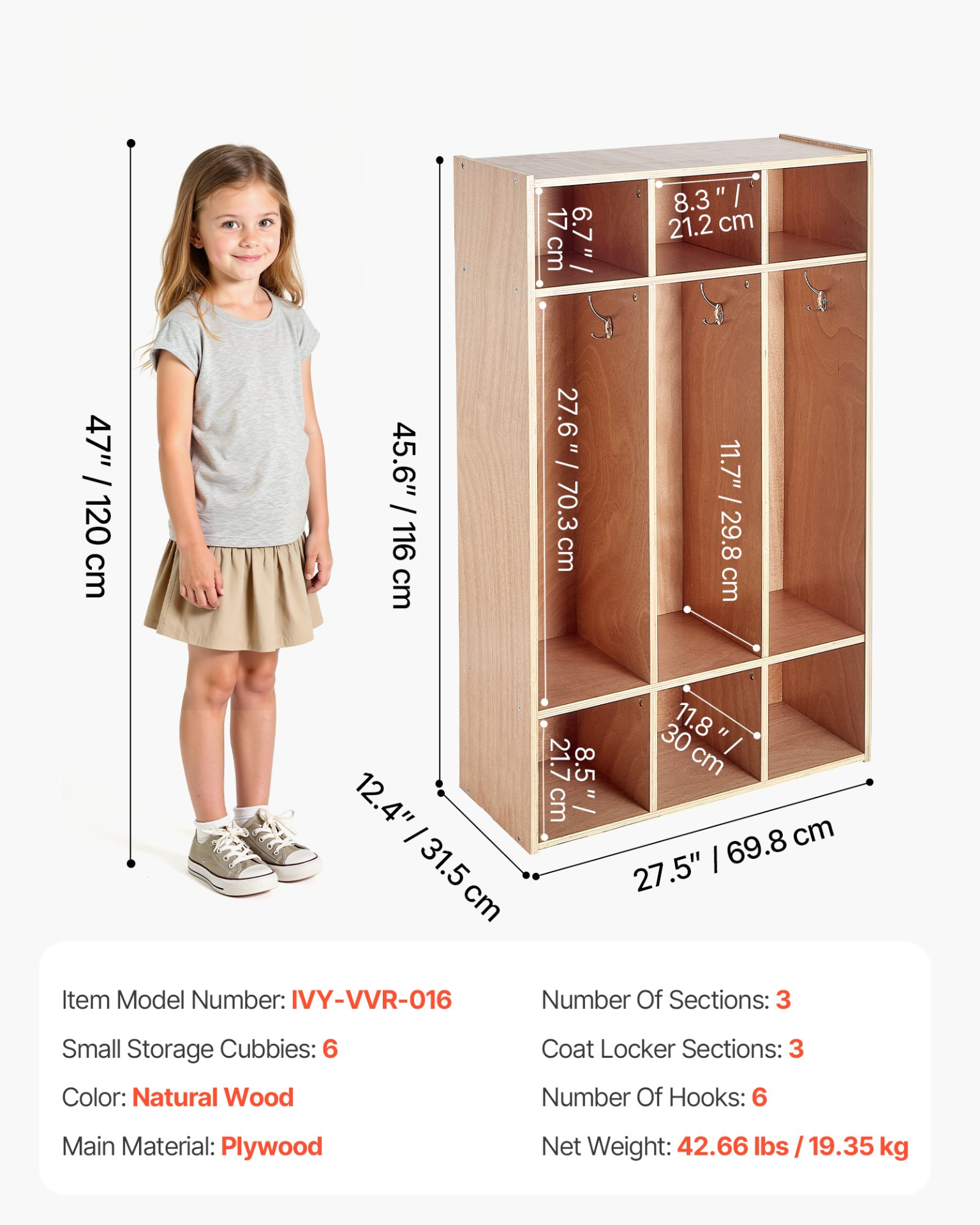 Kids 3-Section Coat Locker with Cubbies – Wooden Toddler Storage Organizer (Natural)