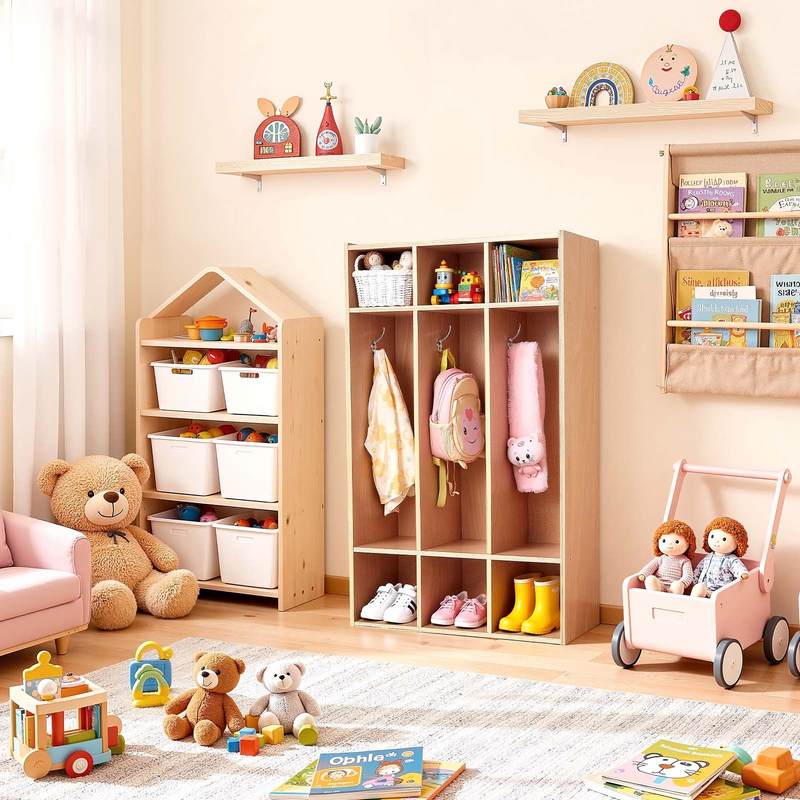 Kids 3-Section Coat Locker with Cubbies – Wooden Toddler Storage Organizer (Natural)