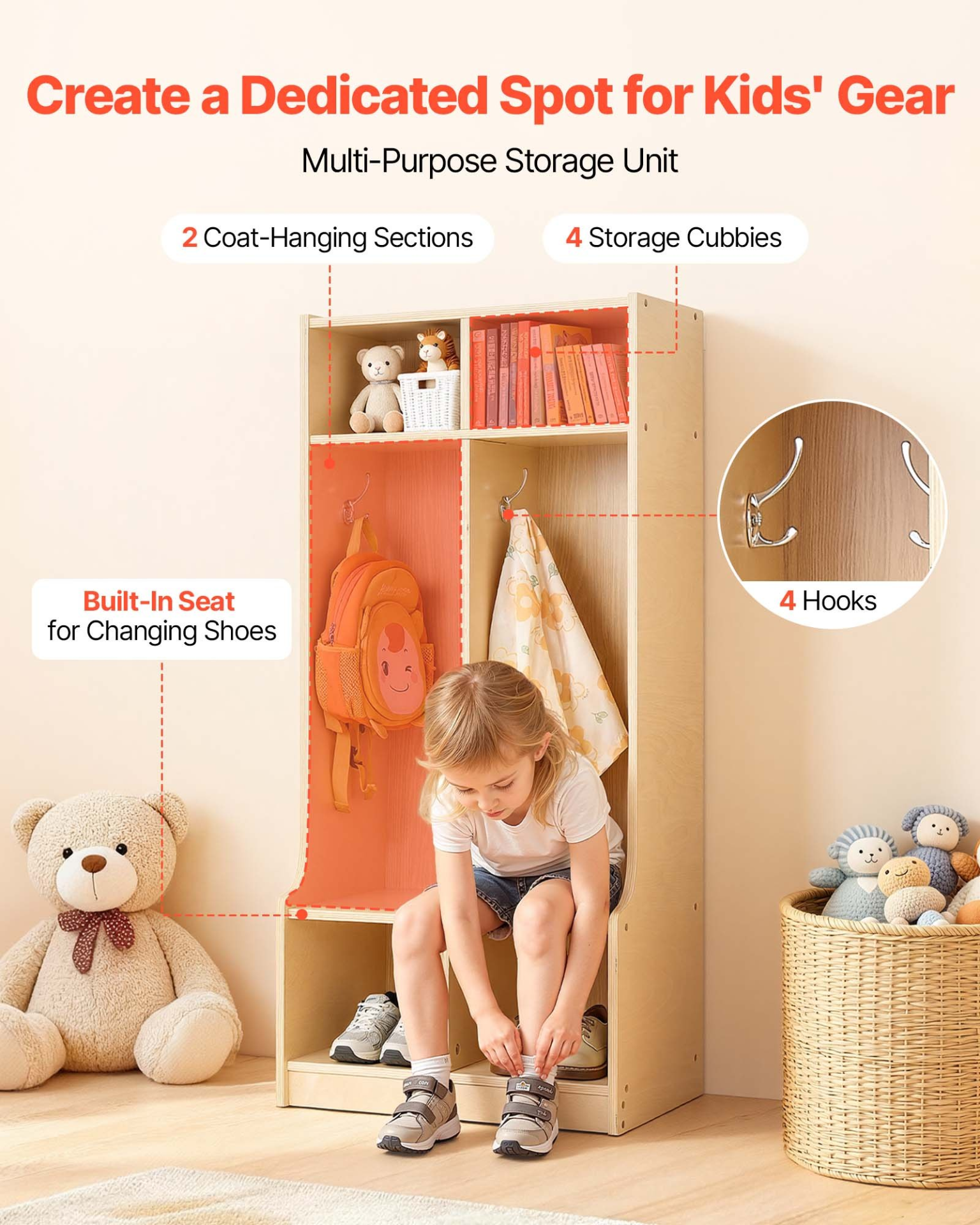 Kids 2-Section Coat Locker with Cubbies – Wooden Toddler Storage Organizer (Natural)