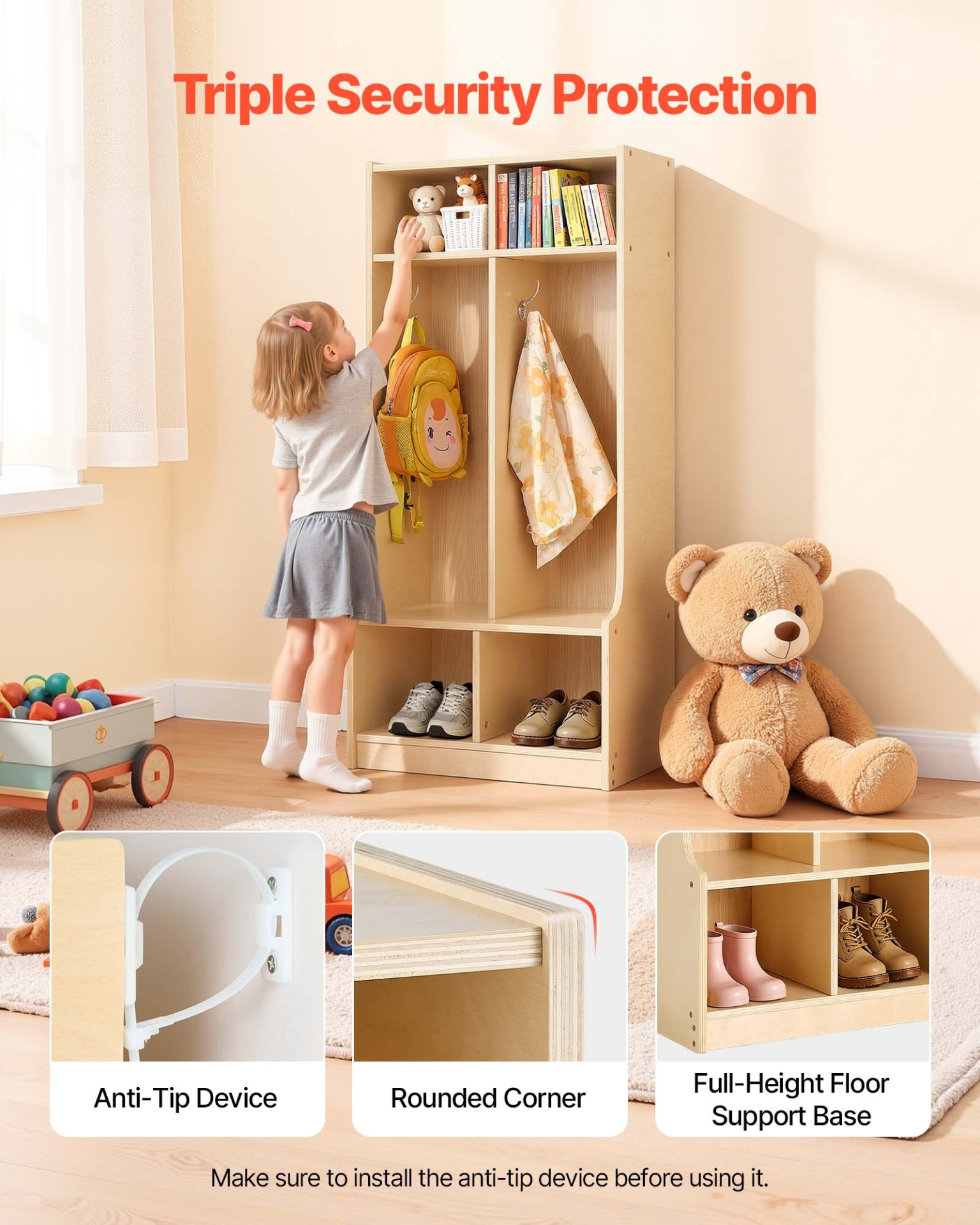 Kids 2-Section Coat Locker with Cubbies – Wooden Toddler Storage Organizer (Natural)