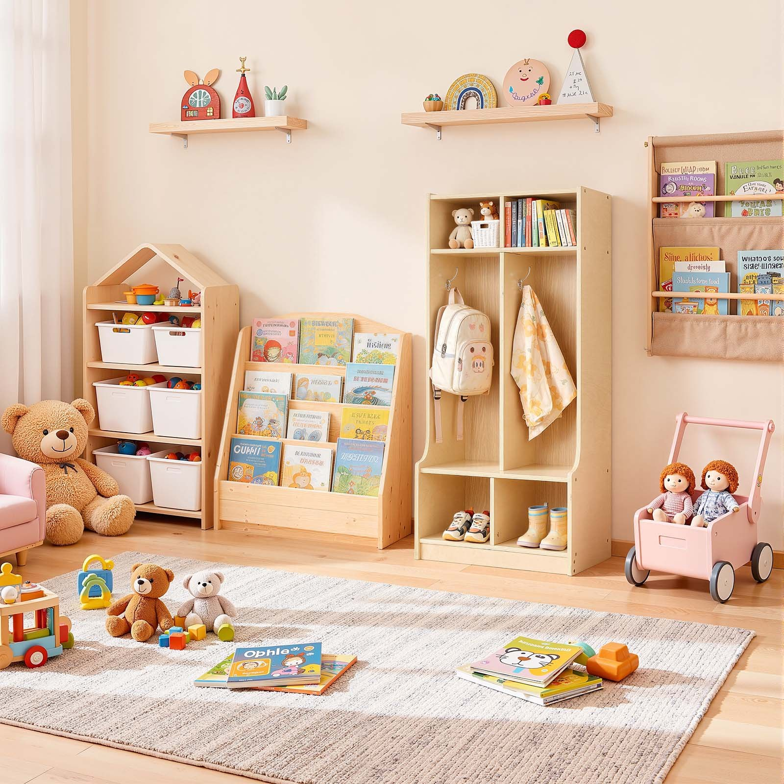 Kids 2-Section Coat Locker with Cubbies – Wooden Toddler Storage Organizer (Natural)