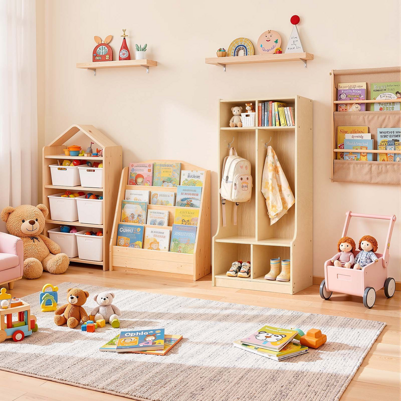 Kids 2-Section Coat Locker with Cubbies – Wooden Toddler Storage Organizer (Natural)