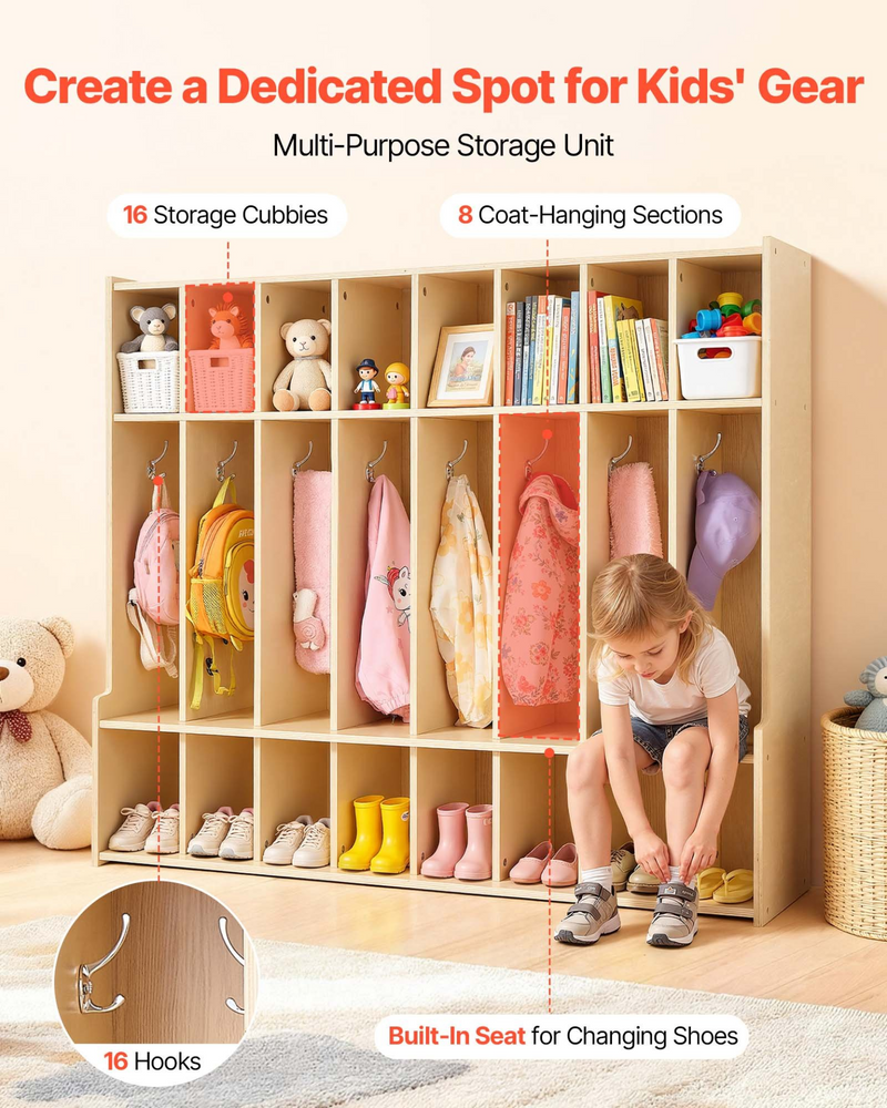 Kids 8-Section Coat Locker with Cubbies – Wooden Storage Organizer (Natural)