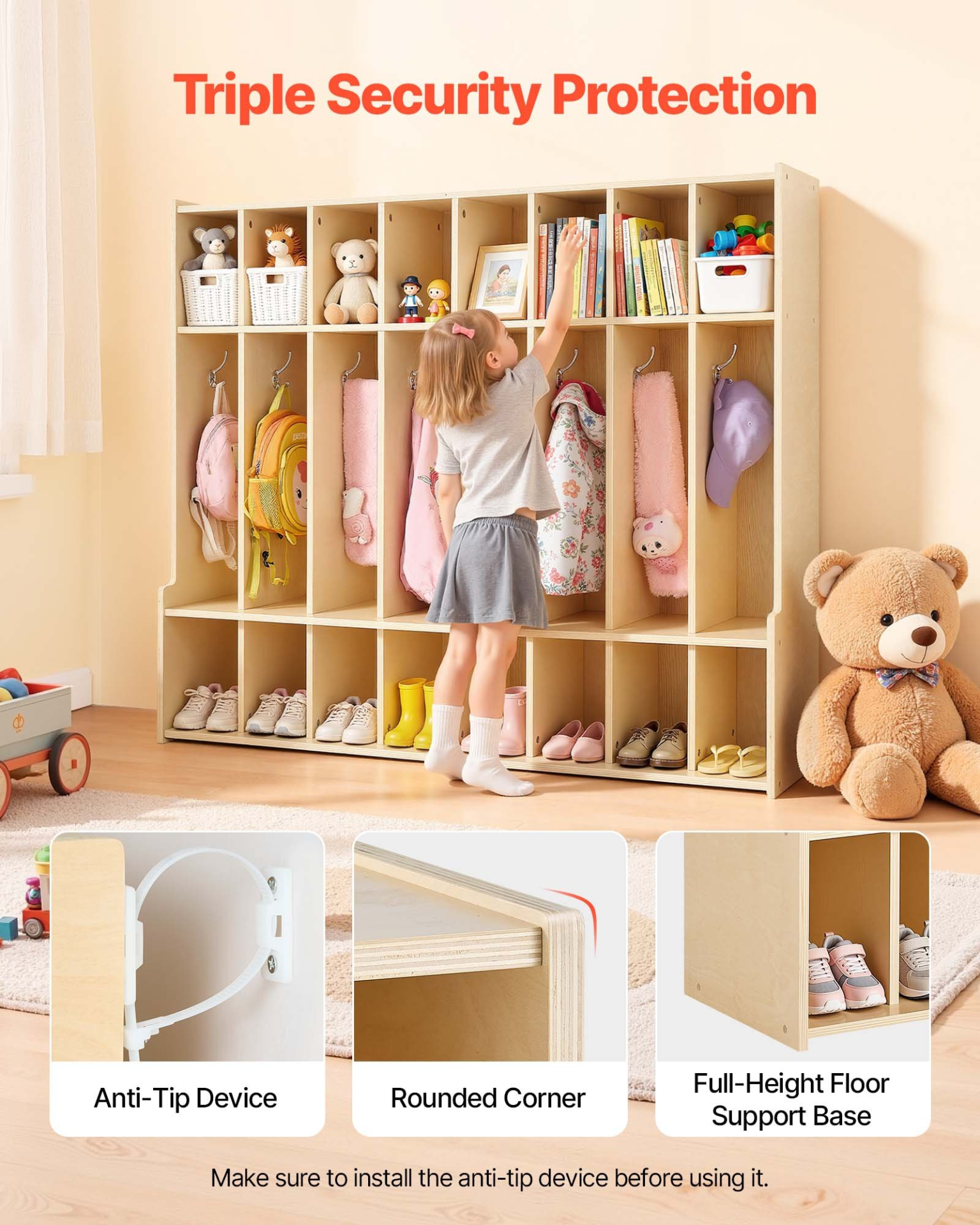 Kids 8-Section Coat Locker with Cubbies – Wooden Storage Organizer (Natural)