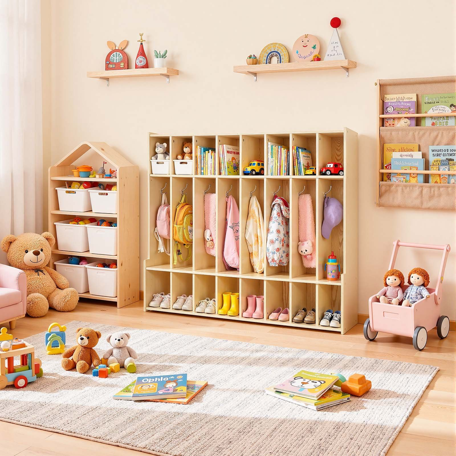 Kids 8-Section Coat Locker with Cubbies – Wooden Storage Organizer (Natural)