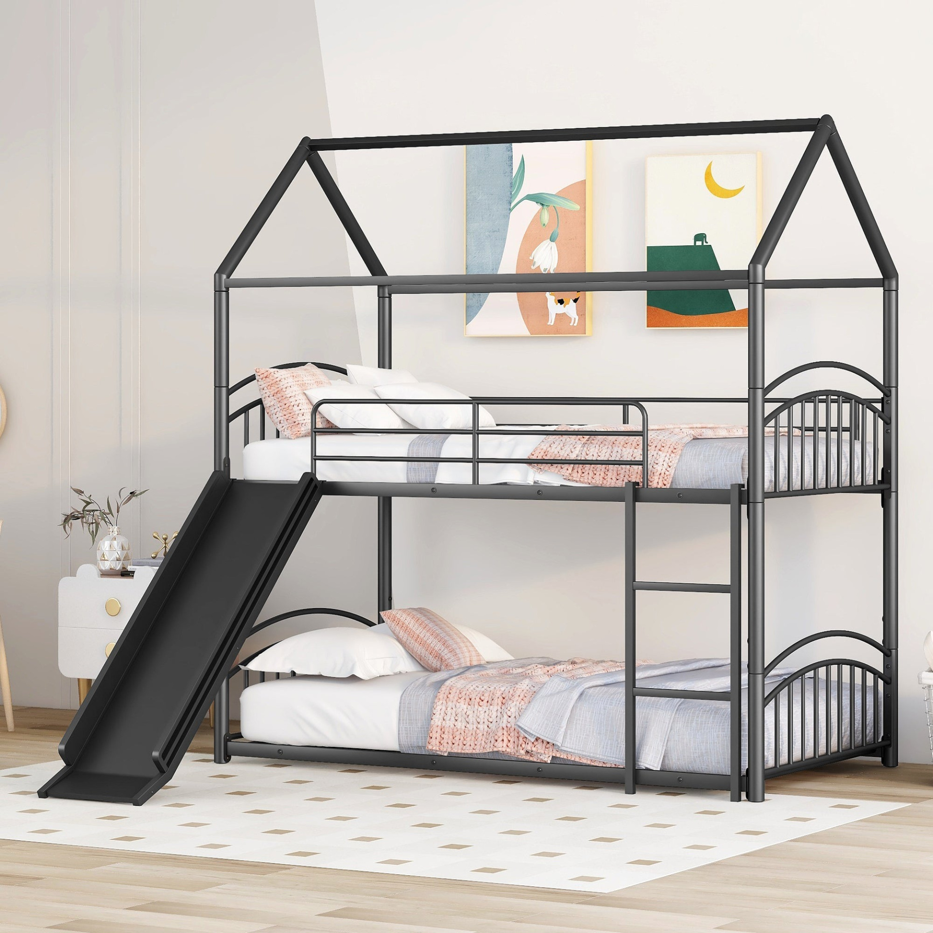 Twin Over Twin Metal Bunk Bed Kids House Bed with Slide