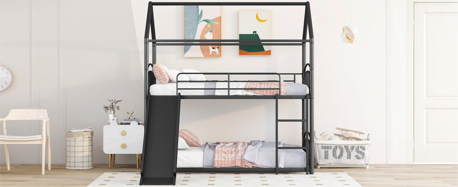 Twin Over Twin Metal Bunk Bed Kids House Bed with Slide