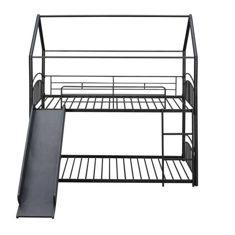 Twin House Bunk Bed with Slide – Metal Twin Over Twin Kids Playhouse Bed Frame