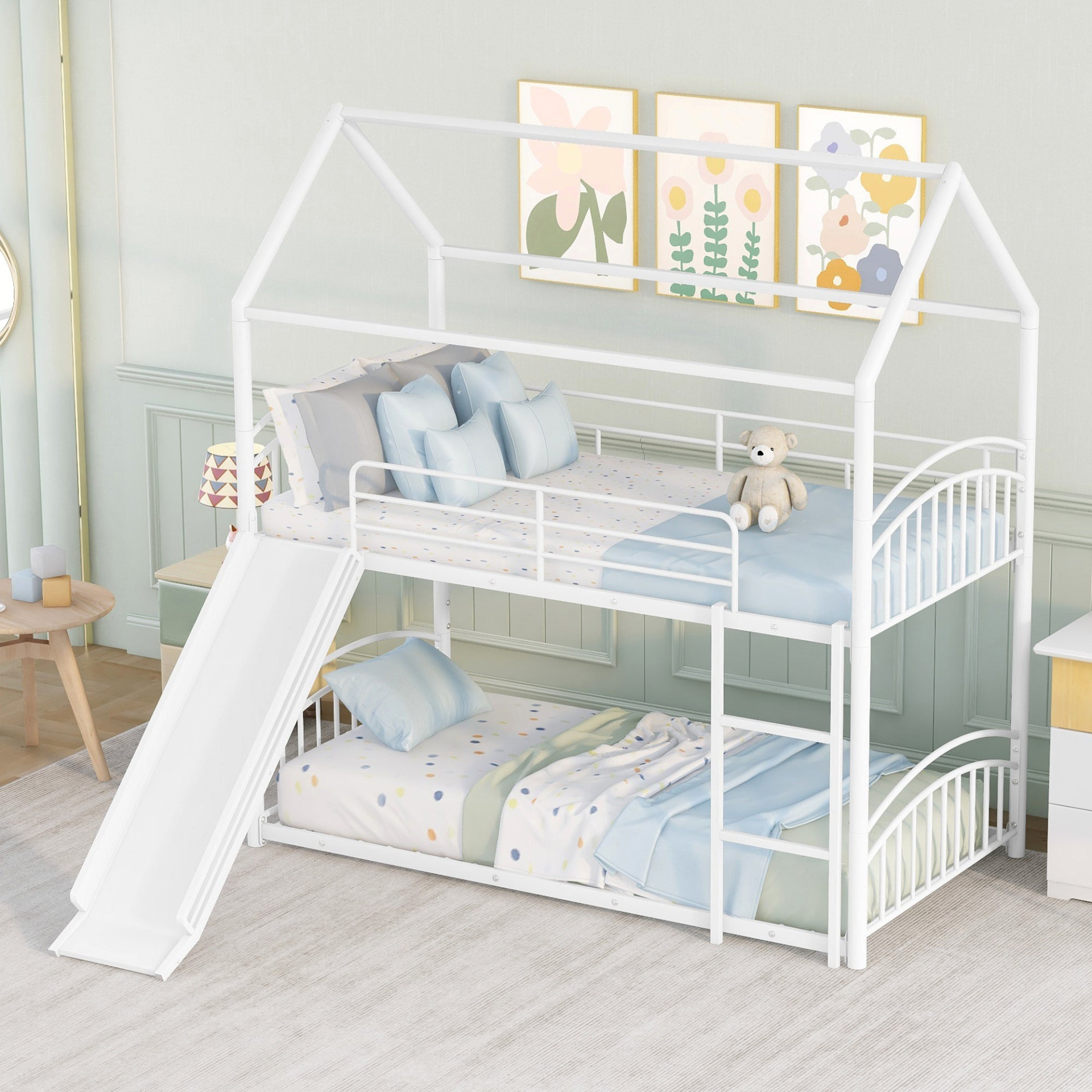 Twin Over Twin Metal Bunk Bed Kids House Bed with Slide