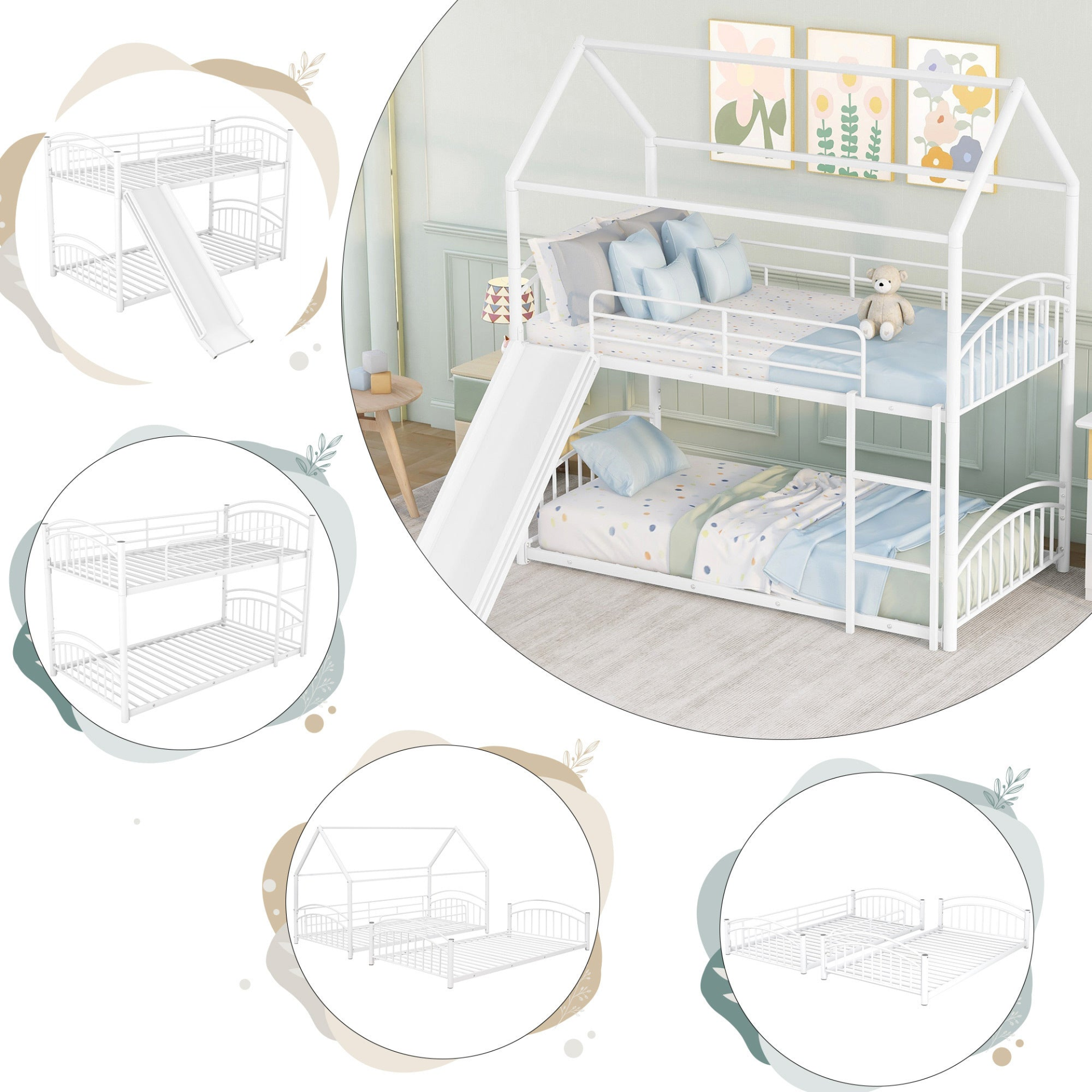 Twin Over Twin Metal Bunk Bed Kids House Bed with Slide