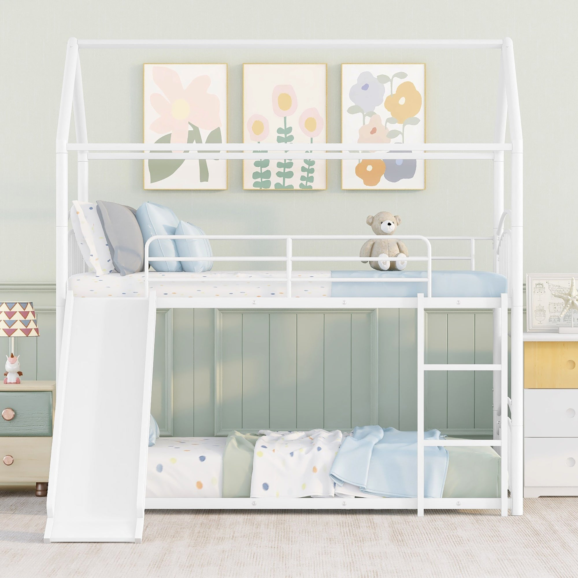 Twin Over Twin Metal Bunk Bed Kids House Bed with Slide