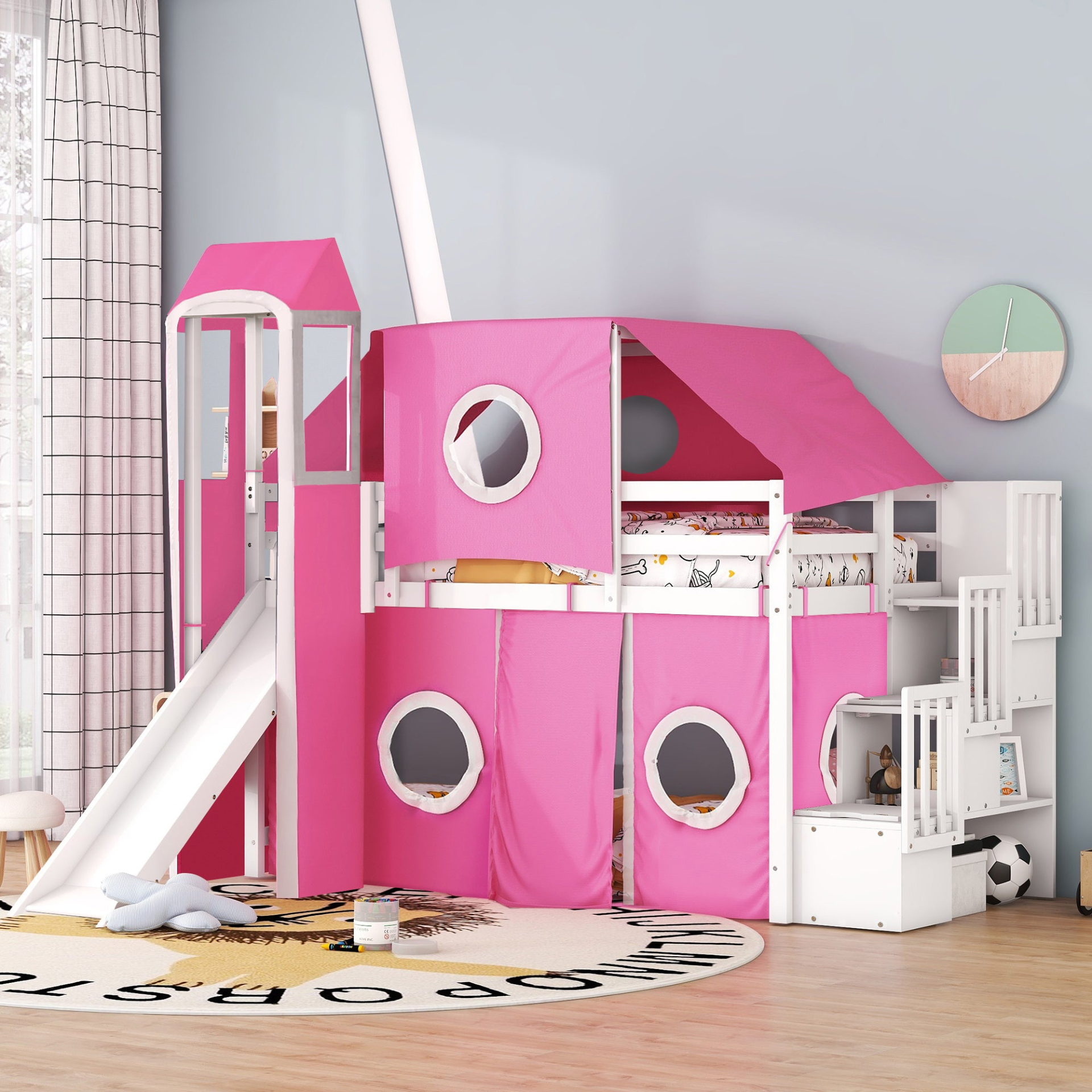 Twin Size Loft Bed with Tent and Tower