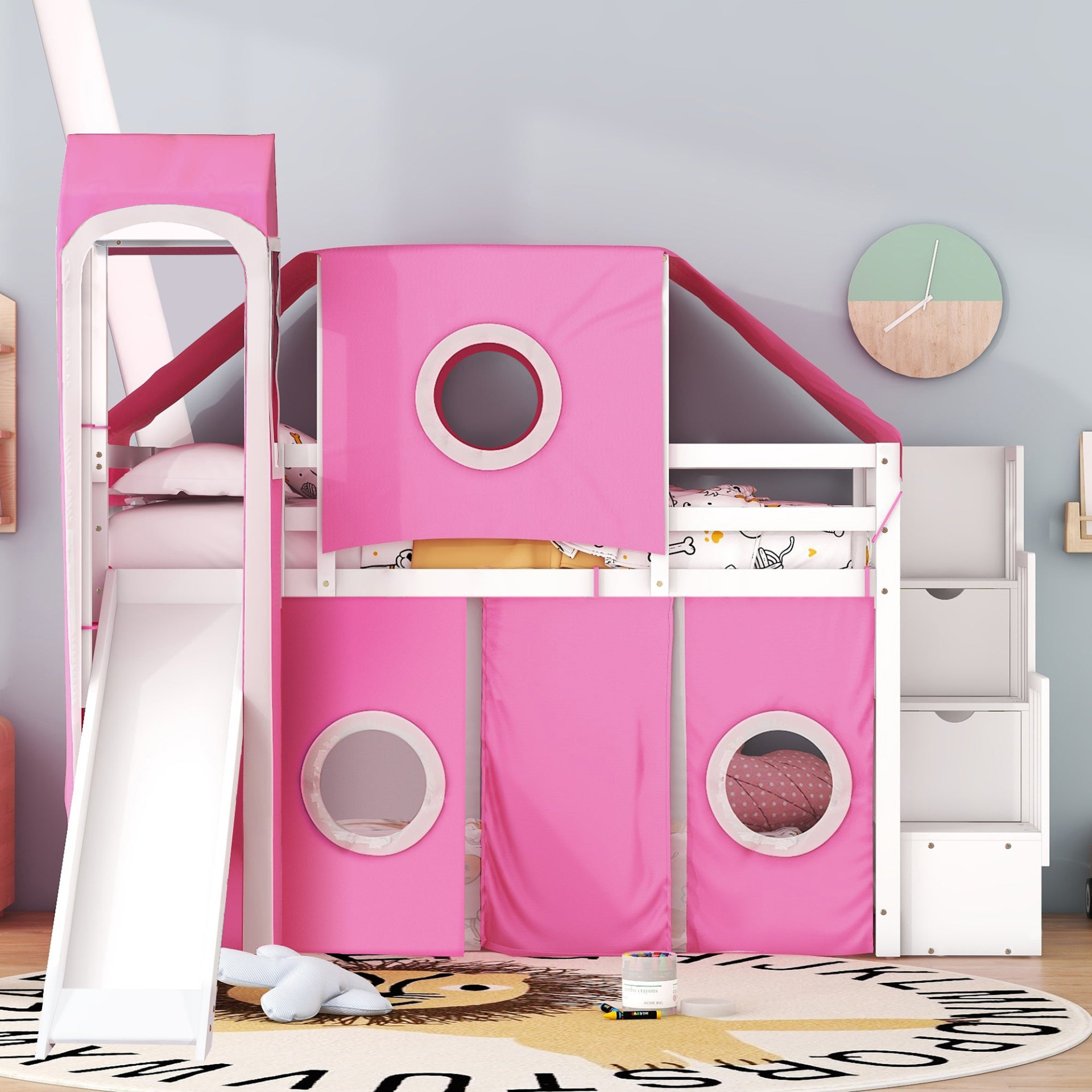 Twin Size Loft Bed with Tent and Tower
