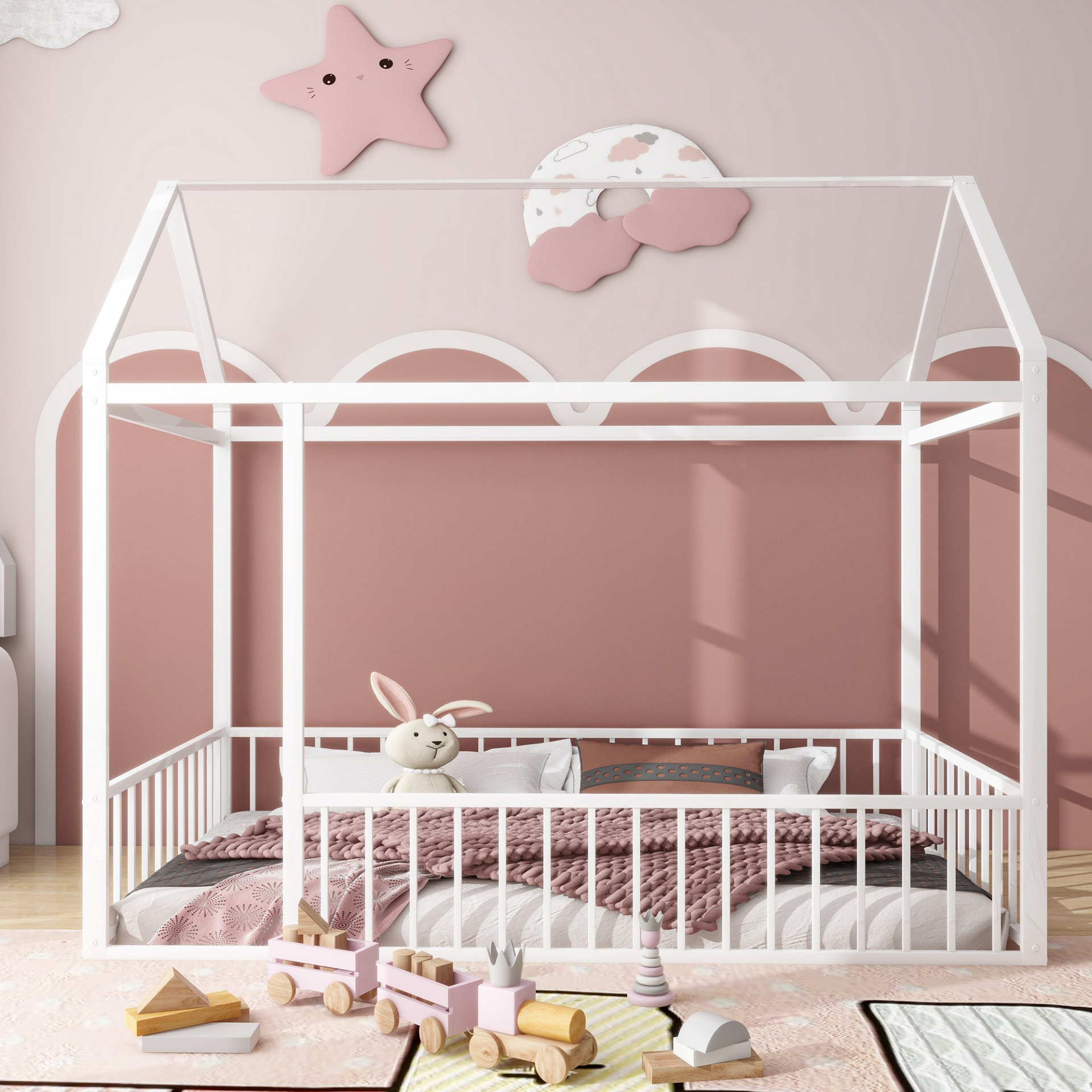 Metal House Bed Frame with Fence, Sturdy Design for Kids, Teens, Girls, Boys