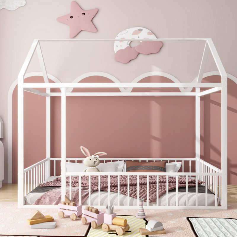 Metal House Bed Frame with Fence, Sturdy Design for Kids, Teens, Girls, Boys