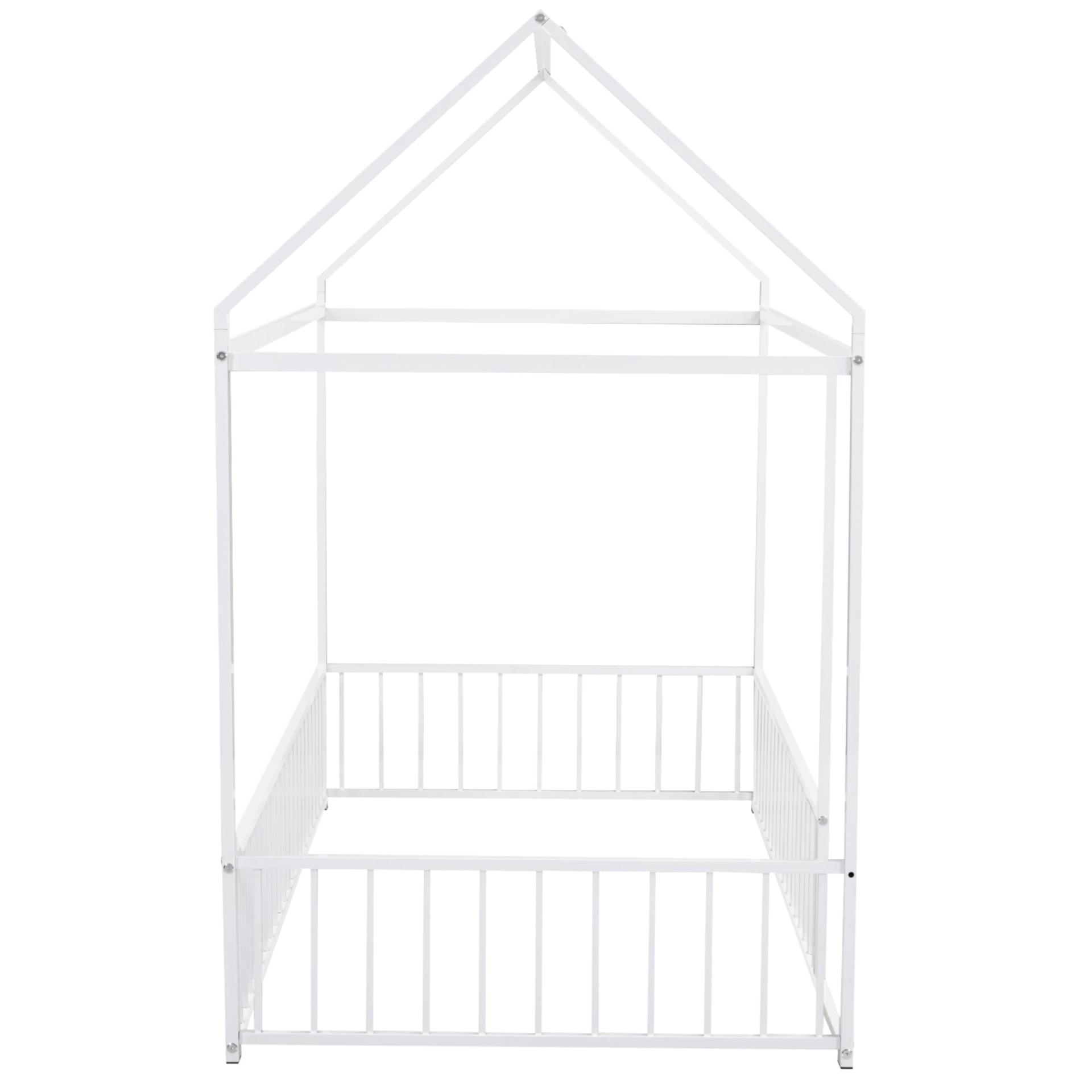 Metal House Bed Frame with Fence, Sturdy Design for Kids, Teens, Girls, Boys