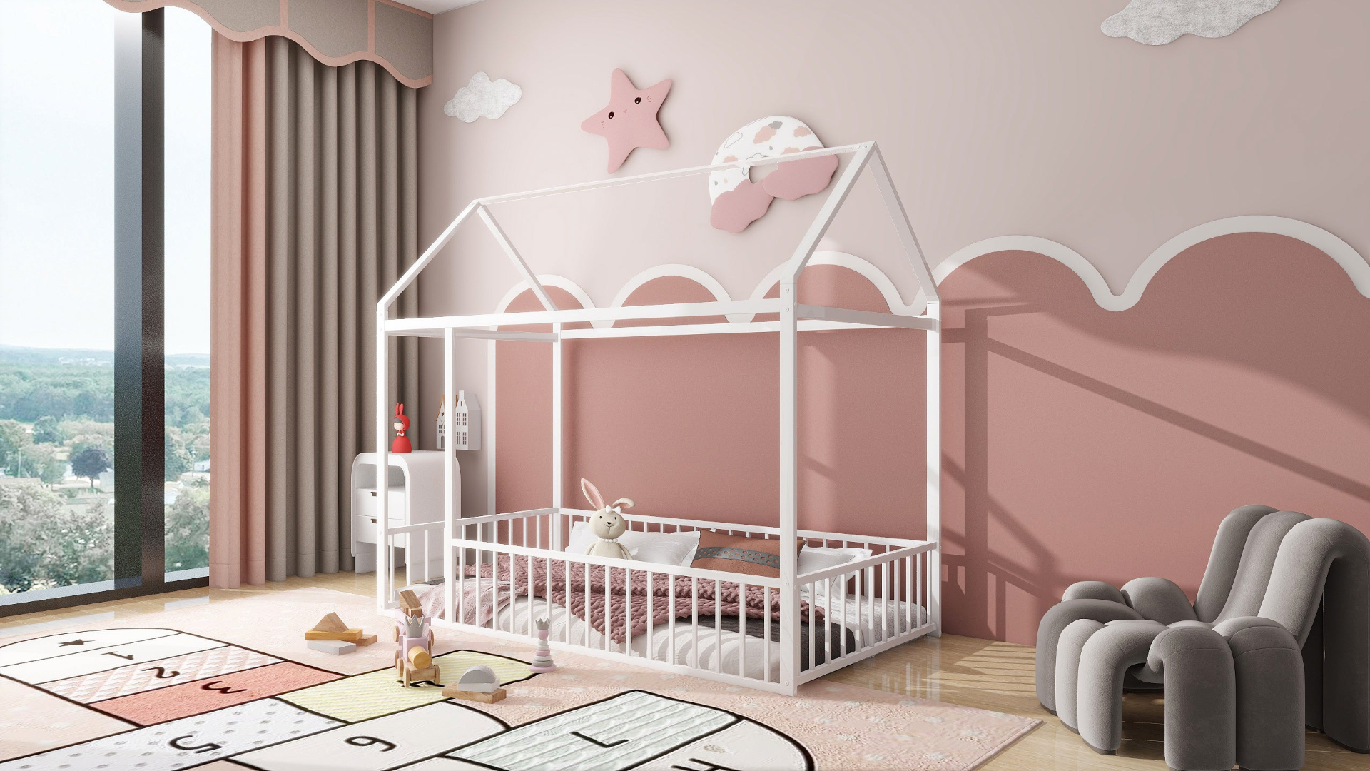 Metal House Bed Frame with Fence, Sturdy Design for Kids, Teens, Girls, Boys