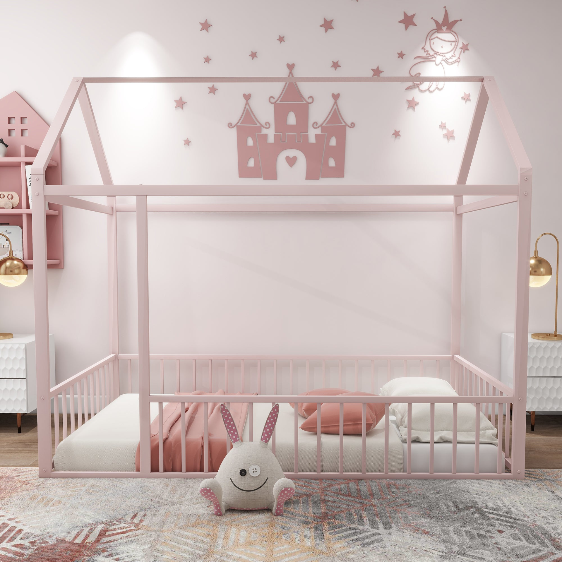 Metal House Bed Frame with Fence, Sturdy Design for Kids, Teens, Girls, Boys