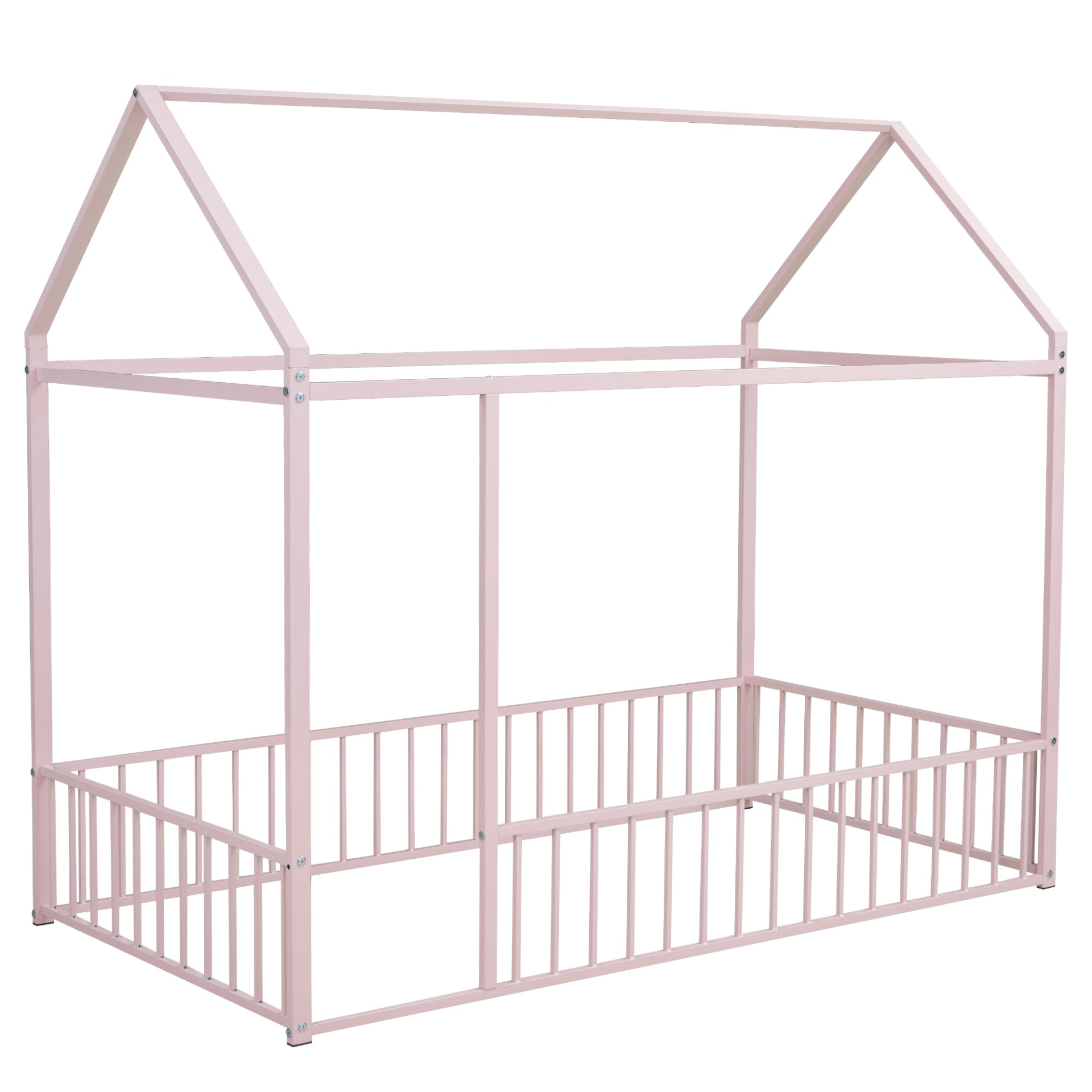 Metal House Bed Frame with Fence, Sturdy Design for Kids, Teens, Girls, Boys
