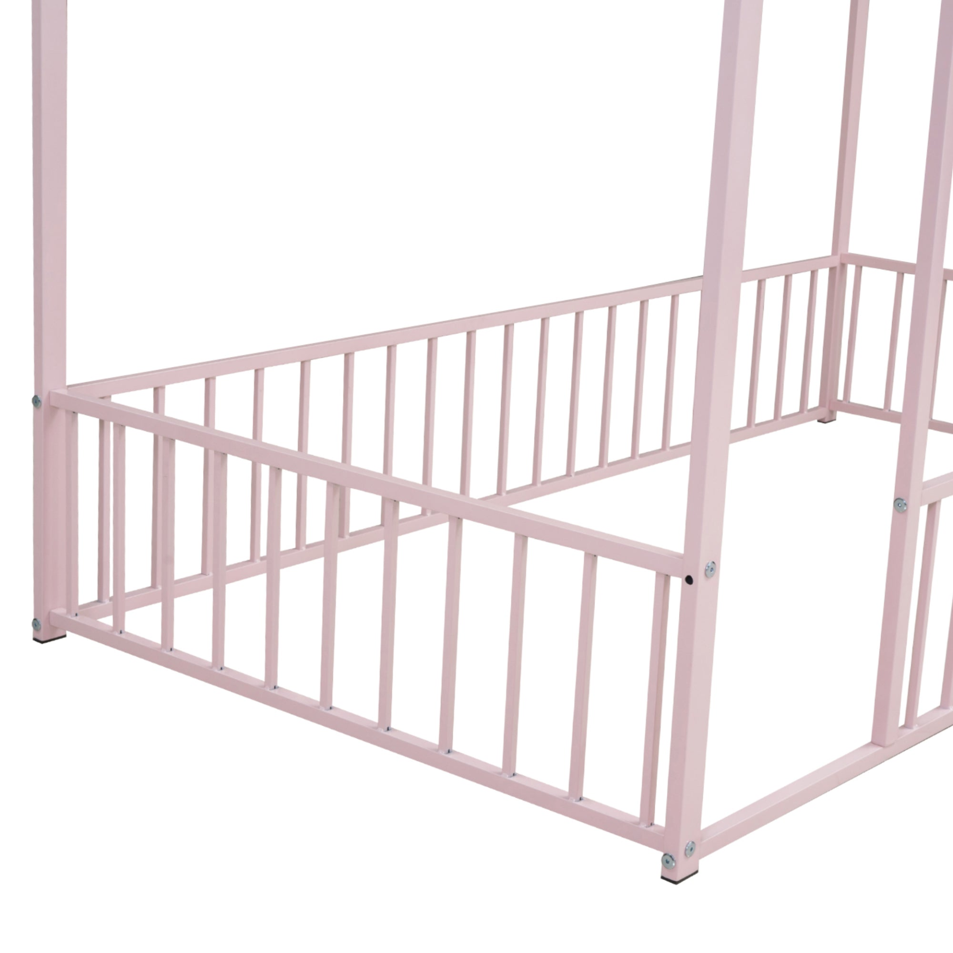 Metal House Bed Frame with Fence, Sturdy Design for Kids, Teens, Girls, Boys