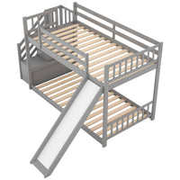 Twin over Twin Bunk Bed with Convertible Slide and Stairway, Gray - The Little Big Store