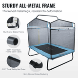 Blue rectangular trampoline with mesh enclosure and steel frame details