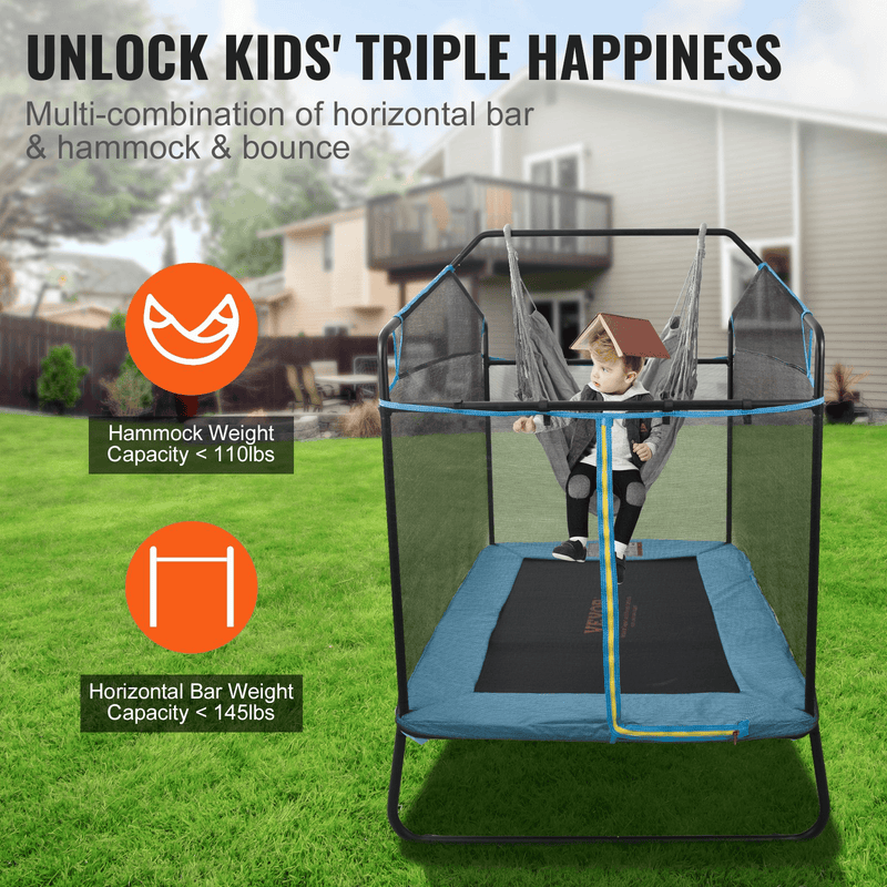 Kids Trampoline with Enclosure, Bar & Hammock