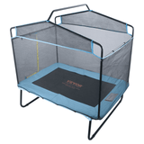 Angled view of blue rectangular trampoline with enclosure and overhead bar