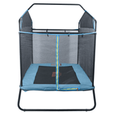 End view of trampoline with zippered entrance and overhead bar