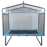 Side view of blue trampoline with mesh panels and padded perimeter