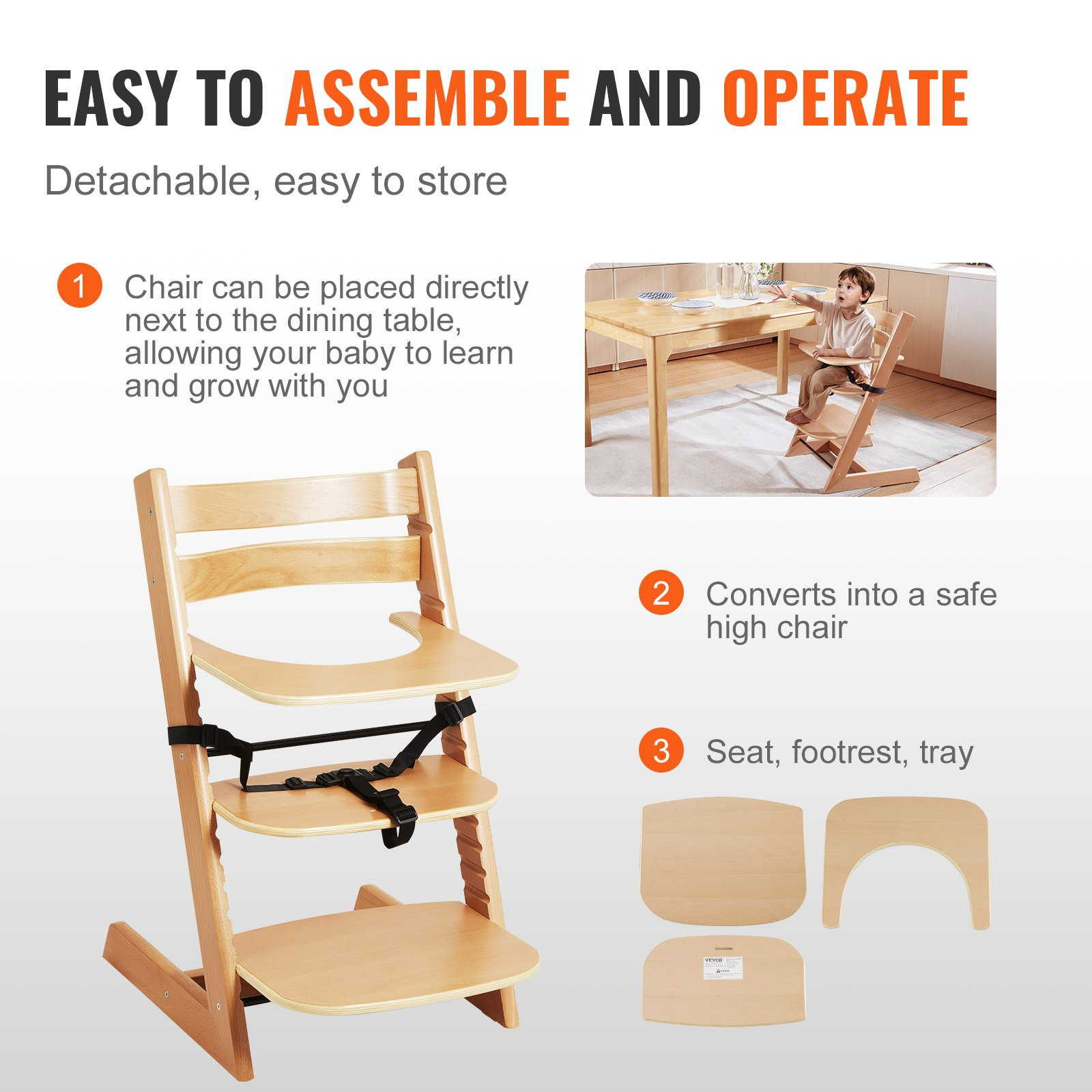 Convertible Wooden High Chair for Babies & Toddlers – Adjustable Feeding Chair with Tray, Grows with Your Child, Beech Wood, Natural Finish