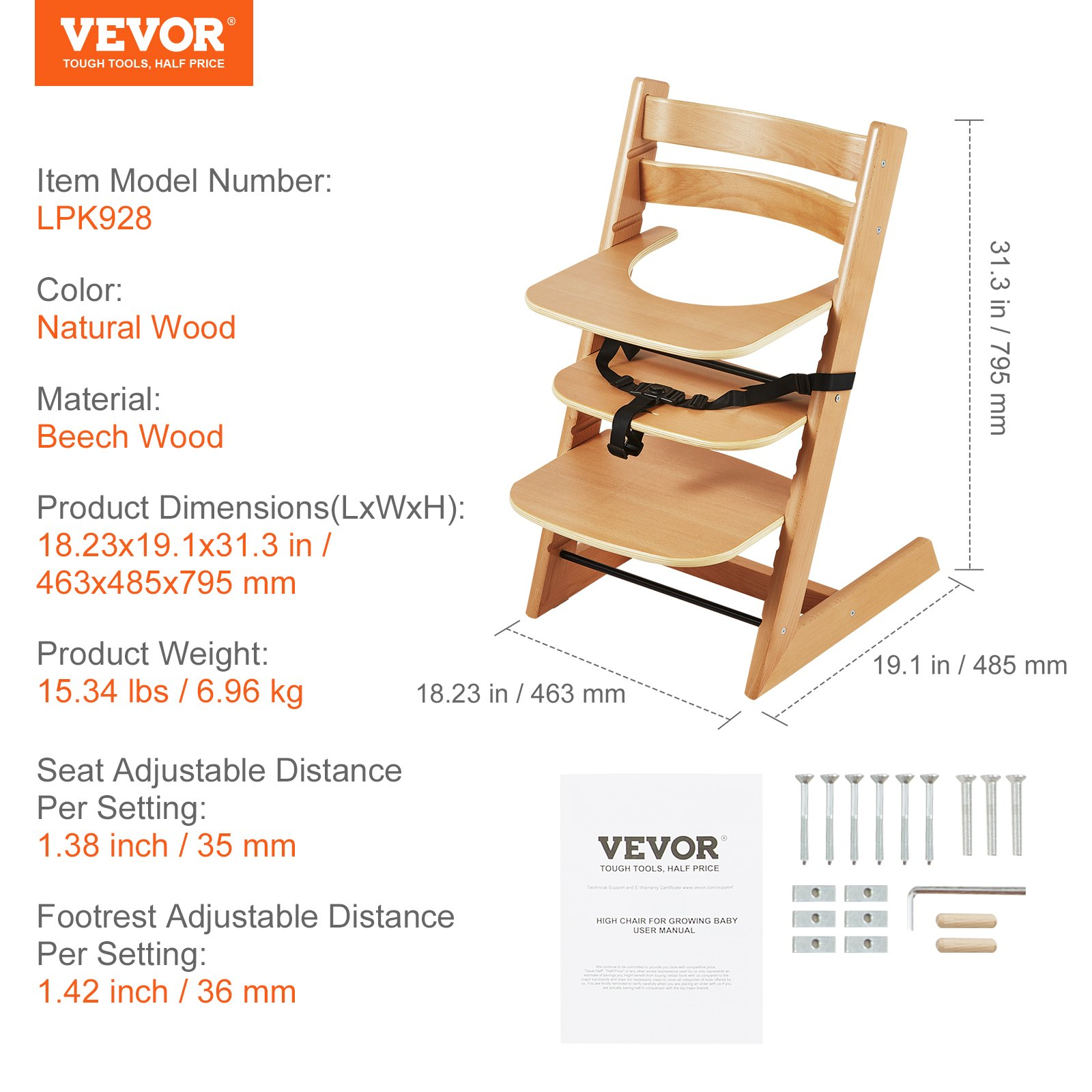Convertible Wooden High Chair for Babies & Toddlers – Adjustable Feeding Chair with Tray, Grows with Your Child, Beech Wood, Natural Finish