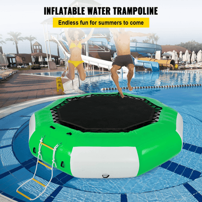 VEVOR Inflatable Water Trampoline 10FT , Round Inflatable Water Bouncer with 4-Step Ladder, Water Trampoline in Green and White for Water Sports. - The Little Big Store