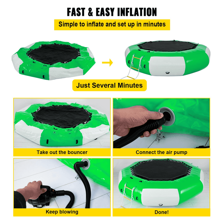 VEVOR Inflatable Water Trampoline 10FT , Round Inflatable Water Bouncer with 4-Step Ladder, Water Trampoline in Green and White for Water Sports. - The Little Big Store