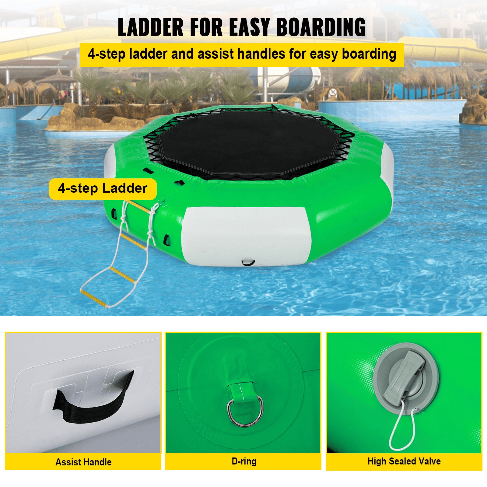 VEVOR Inflatable Water Trampoline 10FT , Round Inflatable Water Bouncer with 4-Step Ladder, Water Trampoline in Green and White for Water Sports. - The Little Big Store