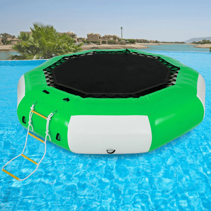 VEVOR Inflatable Water Trampoline 10FT , Round Inflatable Water Bouncer with 4-Step Ladder, Water Trampoline in Green and White for Water Sports. - The Little Big Store