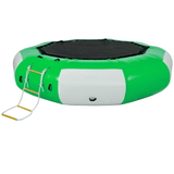 Side view of inflatable water bouncer showing grab handles and ladder