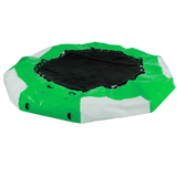 Partially deflated water bouncer showing central mat and bungee attachments