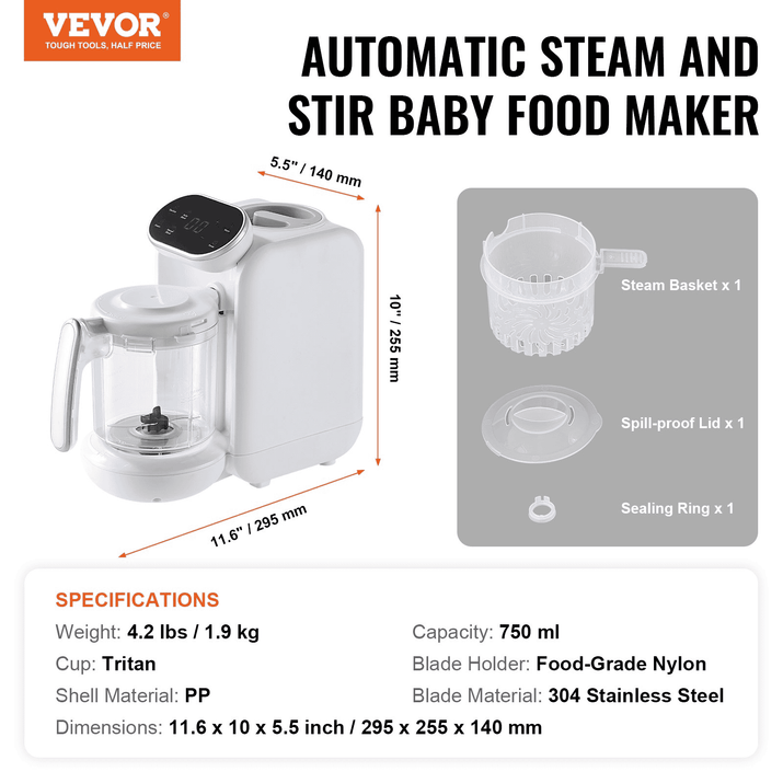 VEVOR Baby Food Maker, 430W Baby Food Processor with 750 ml Tritan Bowl, SUS304 Stainless Steel, 5 in 1 Baby Food Puree Blender Steamer Grinder for Food, Fruit, Vegetable, Meat - The Little Big Store