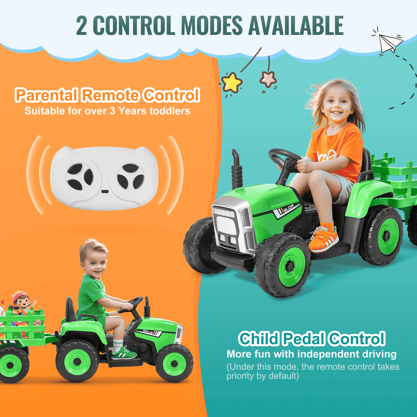 VEVOR Kids Ride on Tractor 12V Electric Toy Tractor with Trailer Remote Control - The Little Big Store